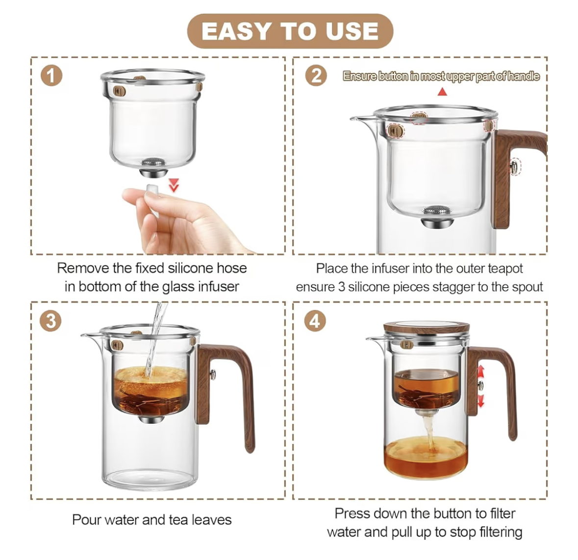 Enchanti Tea Pot, Glass Teapot with Infuser, Magic Witchcraft Enchanted Tea Kettle with Strainer for Water Separation, Magical Push Control Tea Maker for Loose Leaf & Herbal Teas -600ML