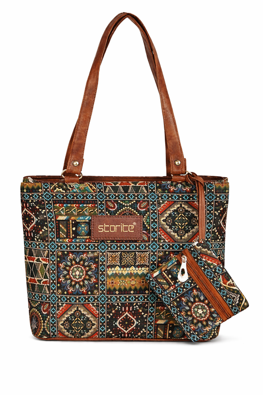 Storite Women's Embroidery Top-Handle Handbag with Matching Pouch, Stylish Multicolor Shoulder Bag, Traditional Ethnic Purse for Casual & Festive Use - Medium Size