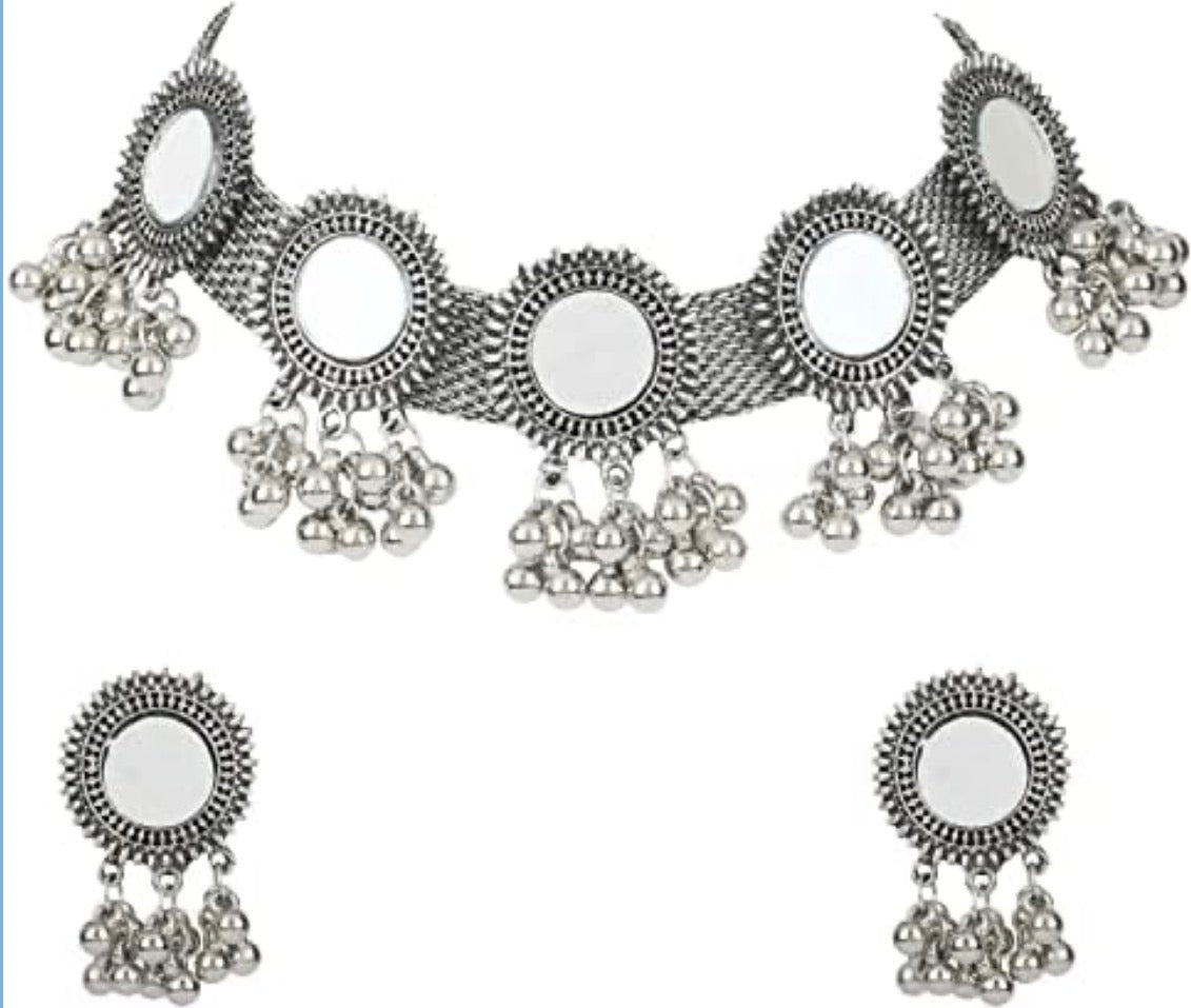 Shining Diva Fashion Latest Stylish Fancy Oxidised Silver Tribal Choker Necklace Jewellery Set for Women