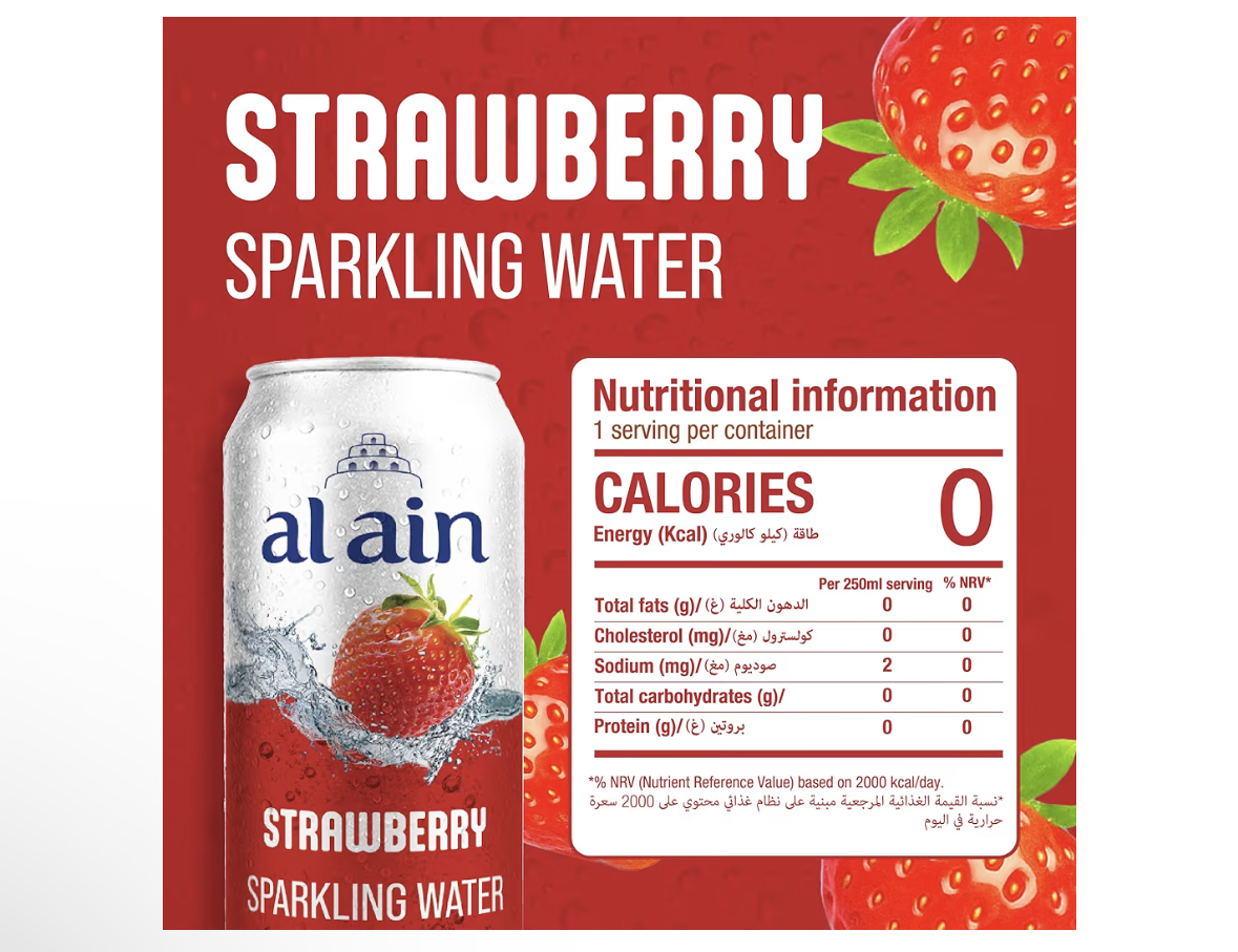 Al Ain Strawberry Sparkling Water 6x250ml Can ZERO Sugar, ZERO Calorie Strawberry Flavor