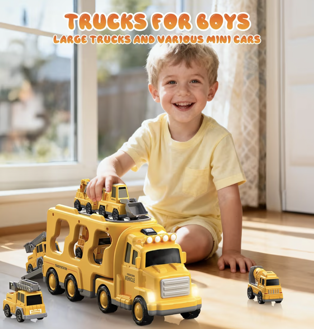 Skirtoy Construction Truck Toys Toddlers 3 4 5 6 7 Years Old,7 in 1 Truck Friction Power Toy Car with Light and Sound Transport Vehicle Carrier Truck, Car Toys Set for Boys & Girls 3-5 Years Old