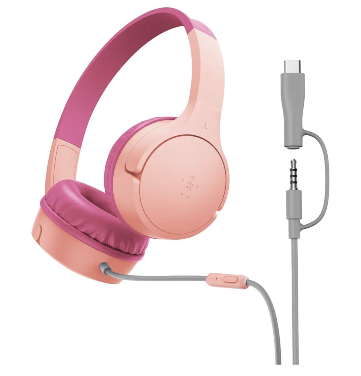 Belkin SoundForm Mini Kids Wired Headphones with USB-C to 3.5mm Dongle, Built-in Mic & Fun Stickers, 85dB Max Volume – for Online Learning, Travel, Compatible with iPhone, iPad, Galaxy, etc - Pink