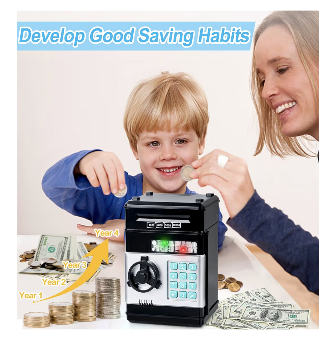 Refasy ألعاب أطفال أولاد وبنات من سن 3-5 سنوات، حصالات نقود إلكترونية للأطفال، صندوق توفير نقود لعبة، بنك عملات آلي صغير للأطفال، أفضل هدايا أعياد الميلاد والكريسماس، علبة نقود وعملات معدنية للأطفال من سن 8-12 سنة، أسود
