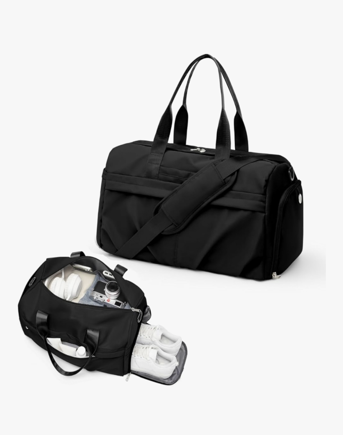 Gym Bag for Women Men with Shoe Compartment, Sport Duffel Bag, Waterproof Travel Weekender Overnight Carry on Bag for Yoga with Trolley Sleeve, Black, A-Black, Shoe Compartment
