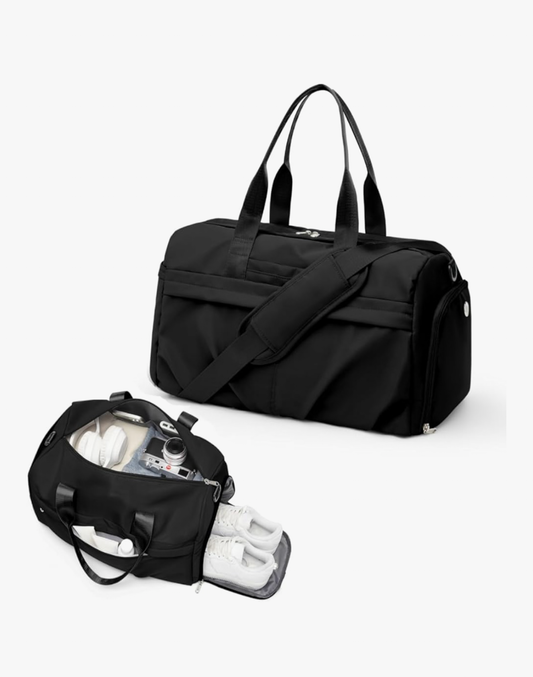 Gym Bag for Women Men with Shoe Compartment, Sport Duffel Bag, Waterproof Travel Weekender Overnight Carry on Bag for Yoga with Trolley Sleeve, Black, A-Black, Shoe Compartment