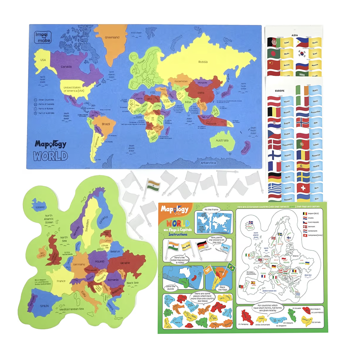 Imagimake Mapology أحجية خريطة العالم مع أعلام الدول والعواصم للأطفال من 5 سنوات فما فوق | أحاجي الصور المقطوعة على شكل دول | ألعاب تعليمية وجغرافية للأولاد والبنات |