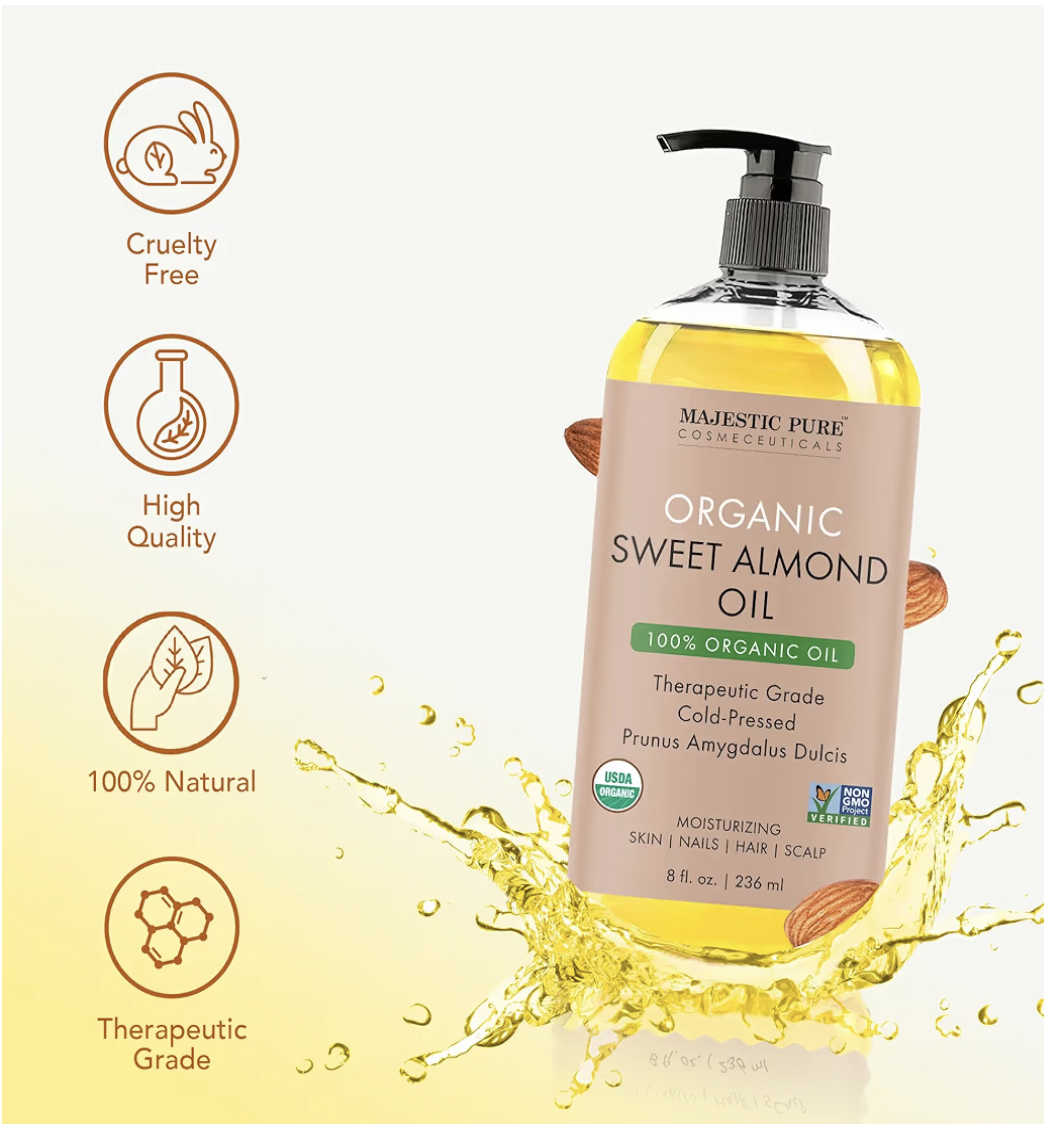Majestic Pure USDA Organic Sweet Almond Body Oil | Large 236 ml | 100% Pure & Natural Cold Pressed Oil Sweet Almond Oil for Skin, Face, Nails, Hair, Scalp & Massage | 236 ml