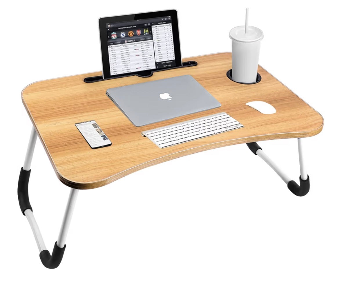 Sky-Touch Portable Folding bed Table, Laptop Desk With ipad and Cup Holder Adjustable Lap Tray Notebook Stand,Foldable Non-slip Legs Reading Table Tray for working,studing,camping 60×40×28cm Beige