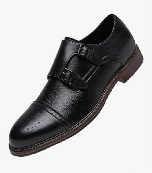 Men's Double Buckles Monk Strap Leather Dress Shoes- Brogue Design with Adjustable Buckles
