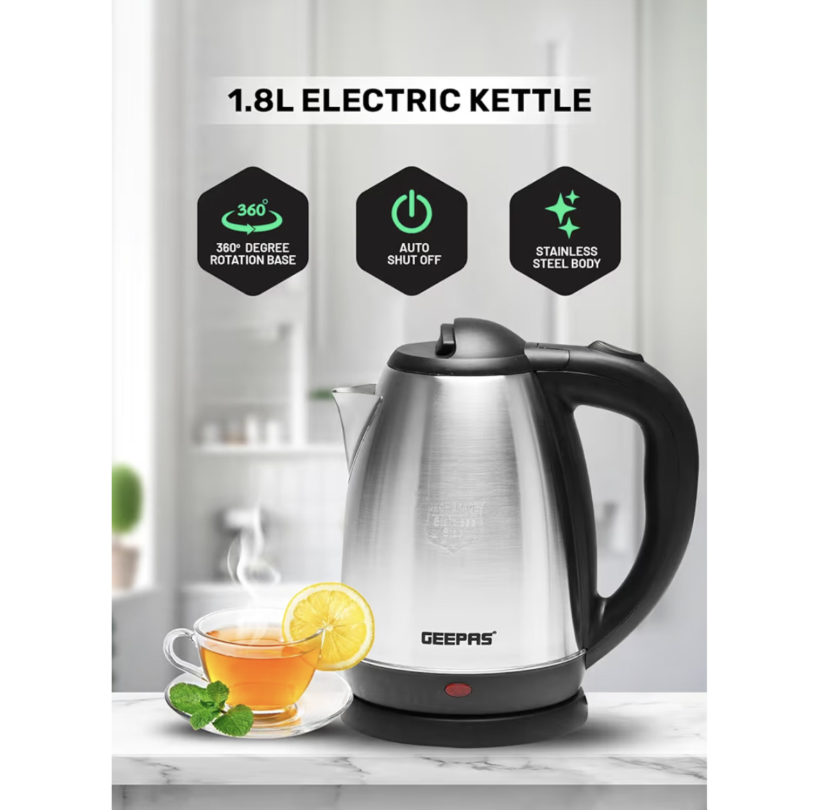 Electric Tea Kettle 1.8 L, Auto Shut Off And Boil Dry Protection, Safety Lock Lid, 360 Degree Rotational Base, Stainless Steel, Ergonomic Handle, Perfect Pour, Large Capacity 1.8 L 1500 W GK5454B