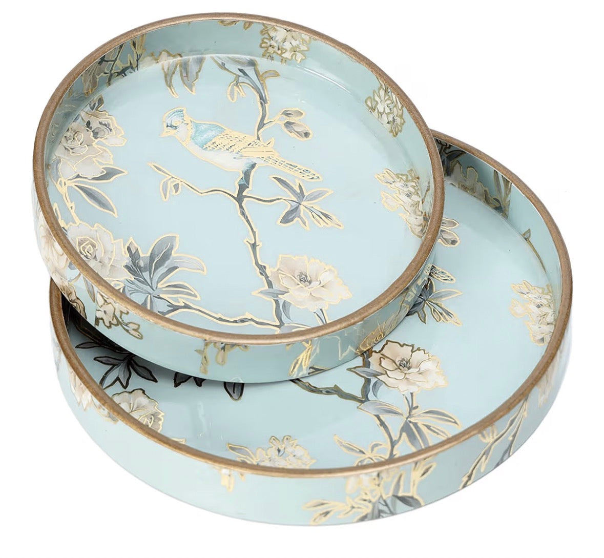 DULI Set of 2 MDF Wood Trays Enamel Coated| Round Wooden Serving Trays | Kitchen&Dining Decorative | Resin Tray | Handmade | 7x7 & 9x9 inches (Setof2Round: AquaGoldBirds)