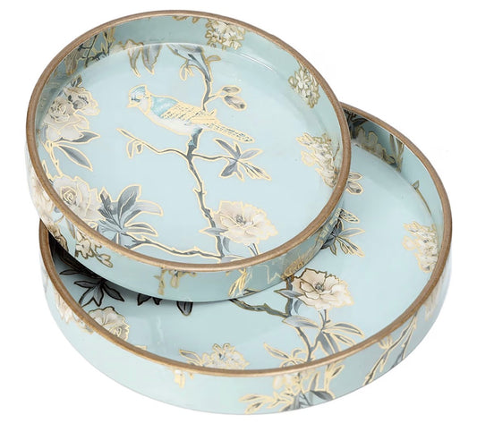 DULI Set of 2 MDF Wood Trays Enamel Coated| Round Wooden Serving Trays | Kitchen&Dining Decorative | Resin Tray | Handmade | 7x7 & 9x9 inches (Setof2Round: AquaGoldBirds)