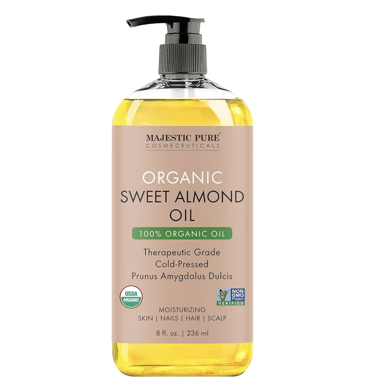 Majestic Pure USDA Organic Sweet Almond Body Oil | Large 236 ml | 100% Pure & Natural Cold Pressed Oil Sweet Almond Oil for Skin, Face, Nails, Hair, Scalp & Massage | 236 ml