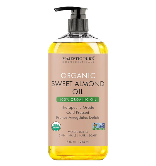 Majestic Pure USDA Organic Sweet Almond Body Oil | Large 236 ml | 100% Pure & Natural Cold Pressed Oil Sweet Almond Oil for Skin, Face, Nails, Hair, Scalp & Massage | 236 ml