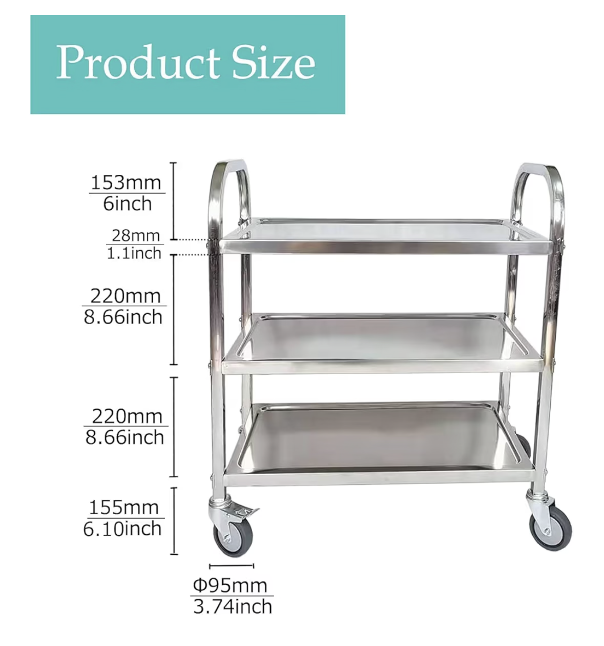 ITINA 3 Tier Stainless Steel Utility Cart with Locking Wheels L75x W40x H83.5cm 150kg Total Load Capacity Kitchen Island Trolley Catering Storage Cart for Kitchen Restaurant Hotel Cafe Home