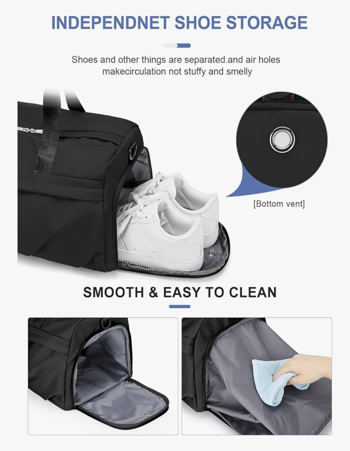 Gym Bag for Women Men with Shoe Compartment, Sport Duffel Bag, Waterproof Travel Weekender Overnight Carry on Bag for Yoga with Trolley Sleeve, Black, A-Black, Shoe Compartment