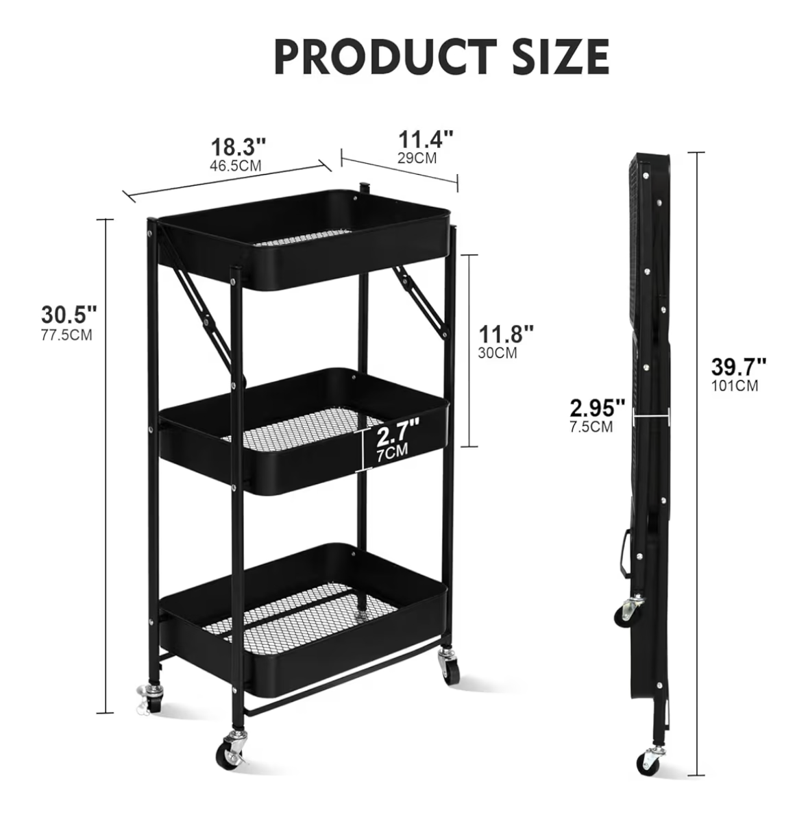 SKY-TOUCH 3 Tier trolley organizer,Foldable Metal Rolling Utility Cart Organizer, Multipurpose Organizer Trolley with Casters for Kitchen, Bedroom, Bathroom, Office, Laundry Room and Garage Black
