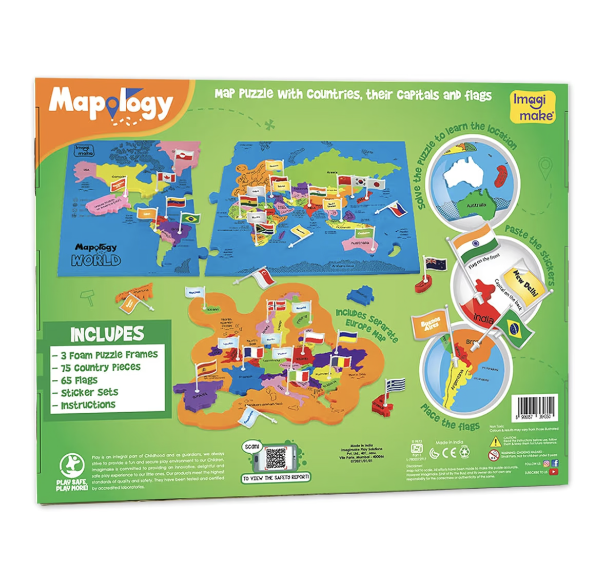 Imagimake Mapology أحجية خريطة العالم مع أعلام الدول والعواصم للأطفال من 5 سنوات فما فوق | أحاجي الصور المقطوعة على شكل دول | ألعاب تعليمية وجغرافية للأولاد والبنات |