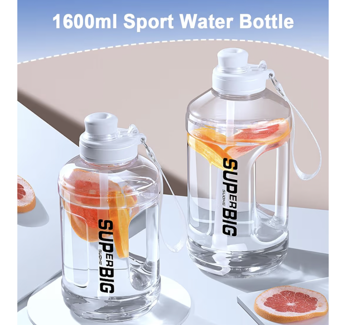 Large Water Bottle Leak-Proof Sports Drink Bottle, 1.6L Motivational Flip Top Water Jug Big Drink Jug Lid 2 Drinking Ways with Removable Straw & Handle for School Outdoor Cycling Fitness Gym Travel