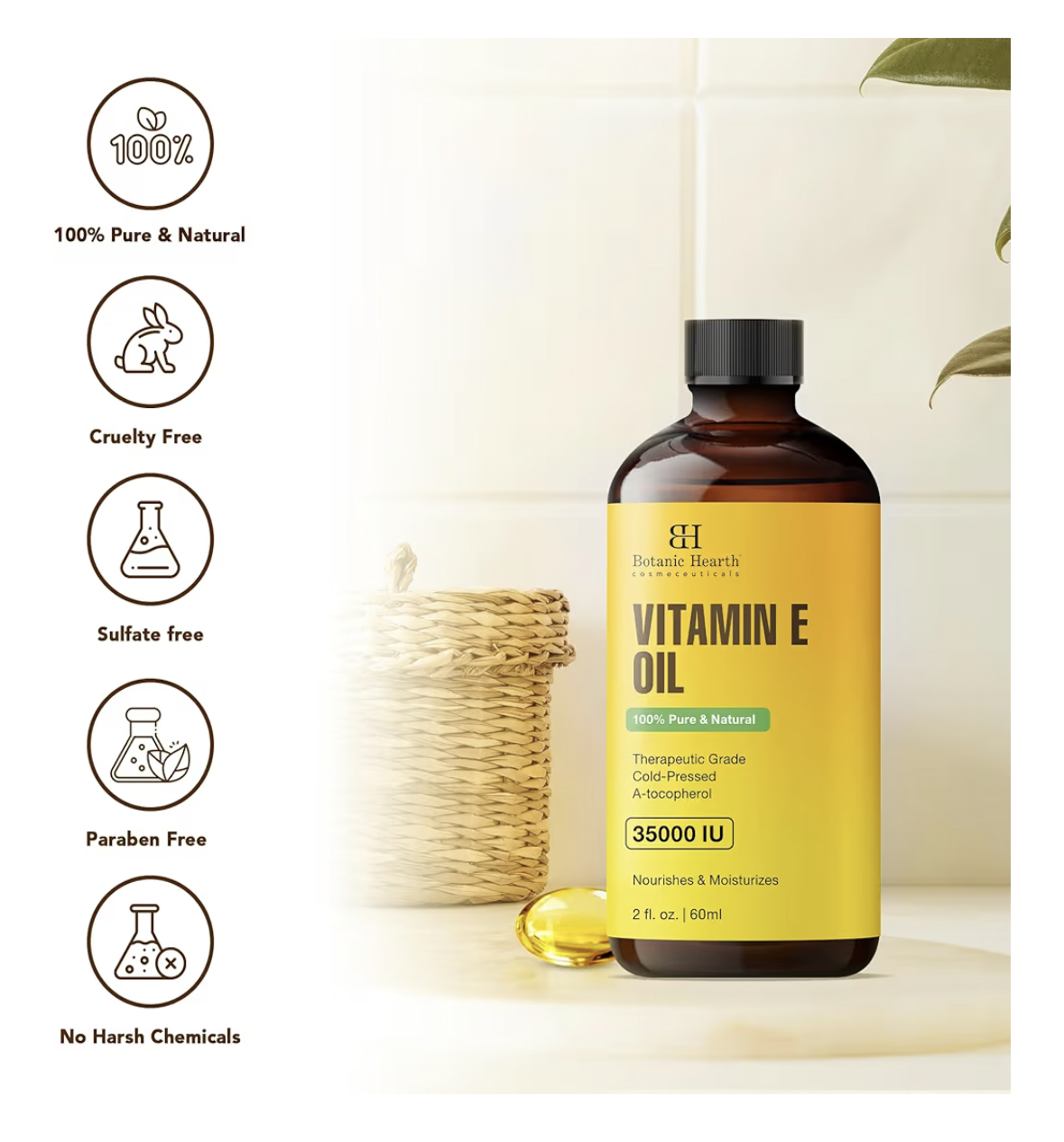 Botanic Hearth Vitamin E Oil | 100% Pure And Natural Oil For Growth Of Nails, Hair, Eyebrows & Eyelashes | 35,000 Iu | Hair & Body Oil With Eyebrow & Eyelash Brush|