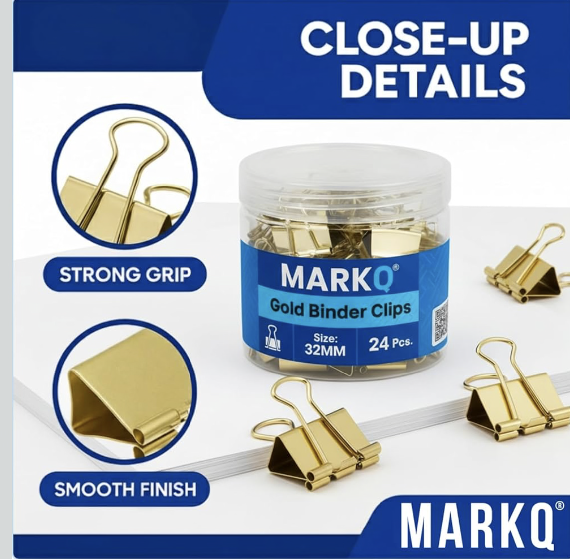 MARKQ Gold Binder Clips – Durable Metal Foldback Paper Clamps, Strong Office & School Paper Clips for Documents, Notes, and Home Organization - Medium 32mm - Pack of 24