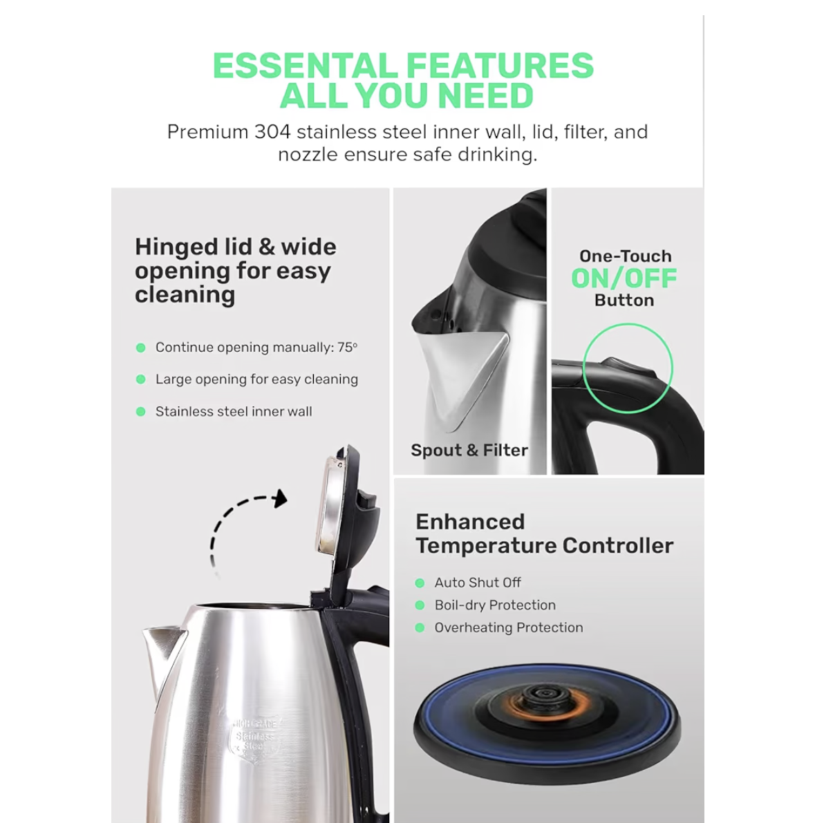 Electric Tea Kettle 1.8 L, Auto Shut Off And Boil Dry Protection, Safety Lock Lid, 360 Degree Rotational Base, Stainless Steel, Ergonomic Handle, Perfect Pour, Large Capacity 1.8 L 1500 W GK5454B