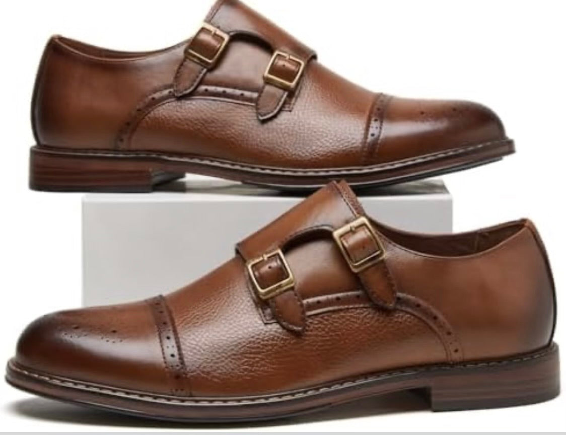 Men's Double Buckles Monk Strap Leather Dress Shoes- Brogue Design with Adjustable Buckles