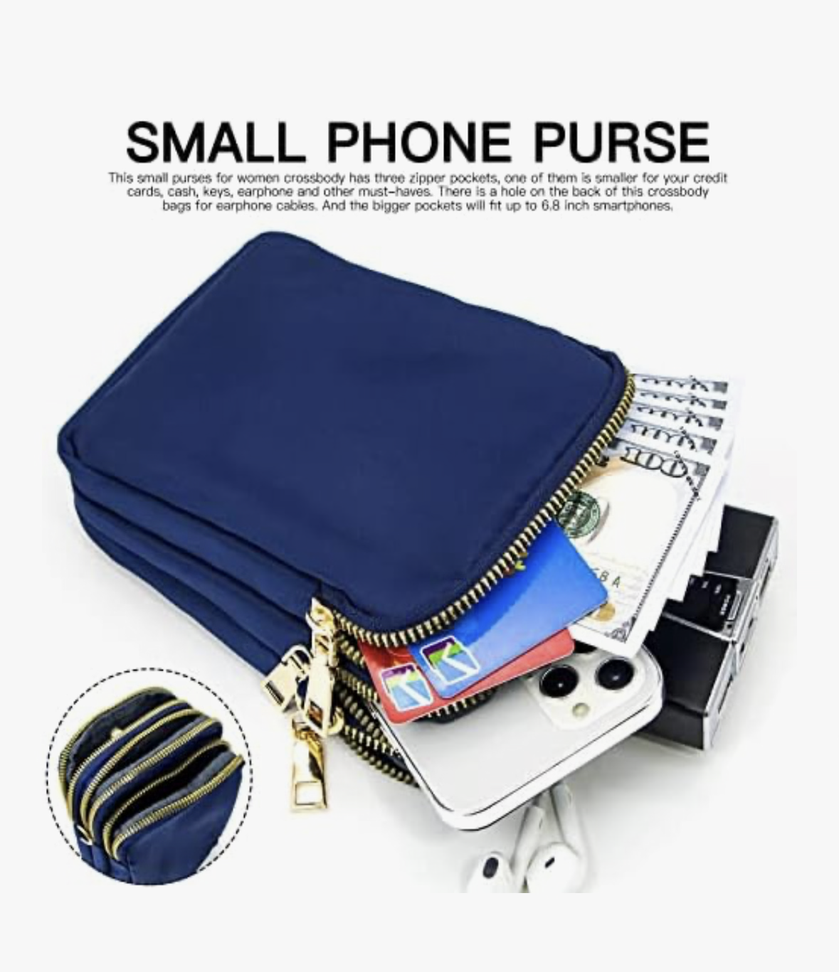 Nylon Ladies Mobile Phone Bags Purse Mini 3 Layers Zipper Shoulder Wallet Bag with Adjustable Strap