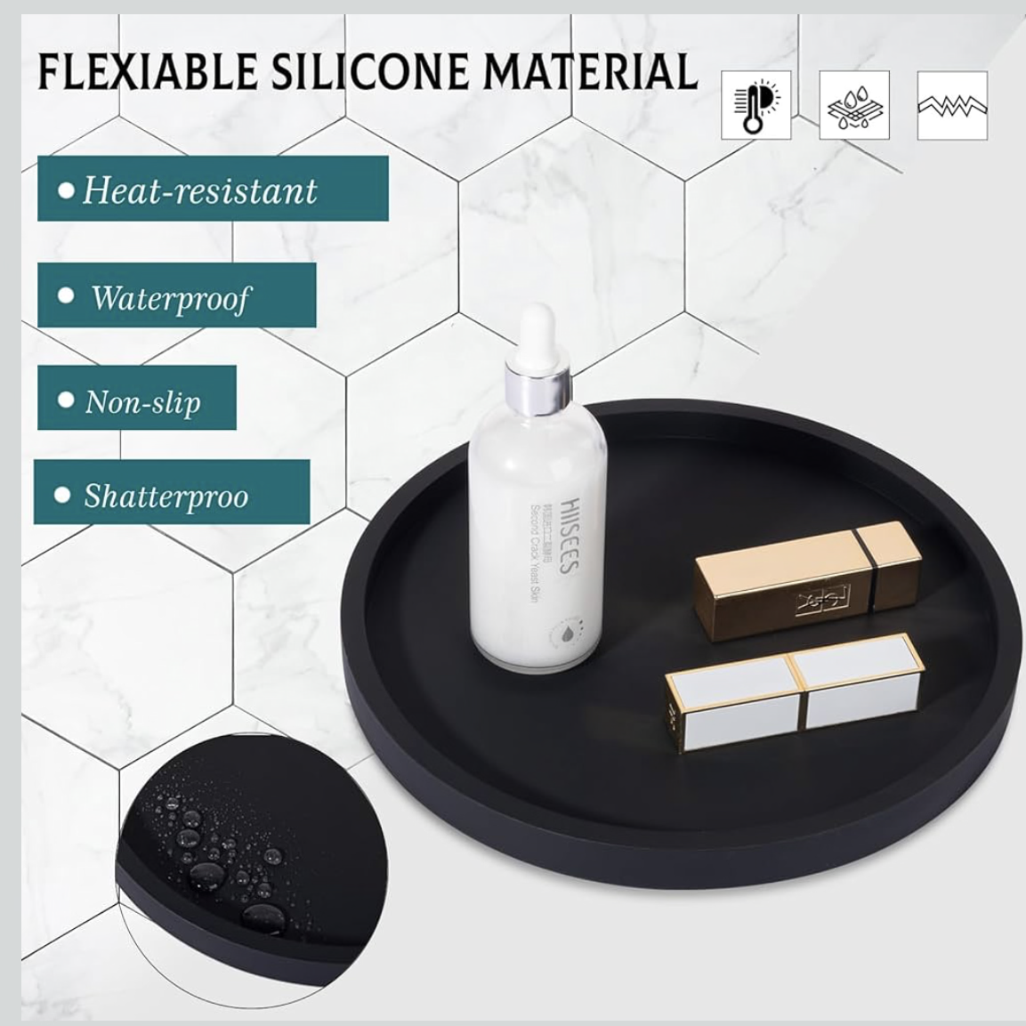 Silicone Bathroom Tray Round Vanity Tray Decorative Soap Holder Kitchen Countertop Organizer Coffee Table Decor for Candle, Perfume, Plant, 9 Inch, Black
