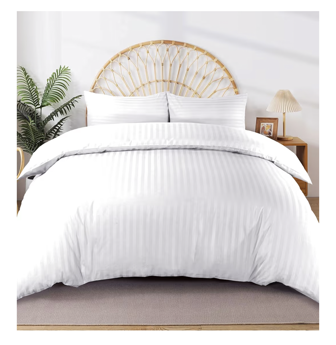 100% Cotton Luxury Hotel Quality Sateen Duvet Cover Set, 2cm Satin Stripe, Hidden Button Closure, Ultra-Soft Sateen Weave, Breathable & Hypoallergenic (White, Queen 240x220cm)