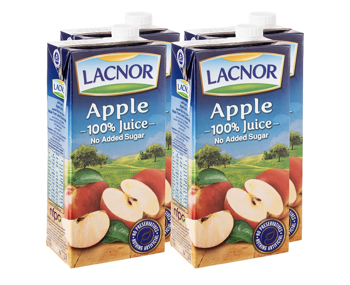 Lacnor Essentials Apple Juice NO ADDED SUGAR - 1 Litre (Pack of 4)