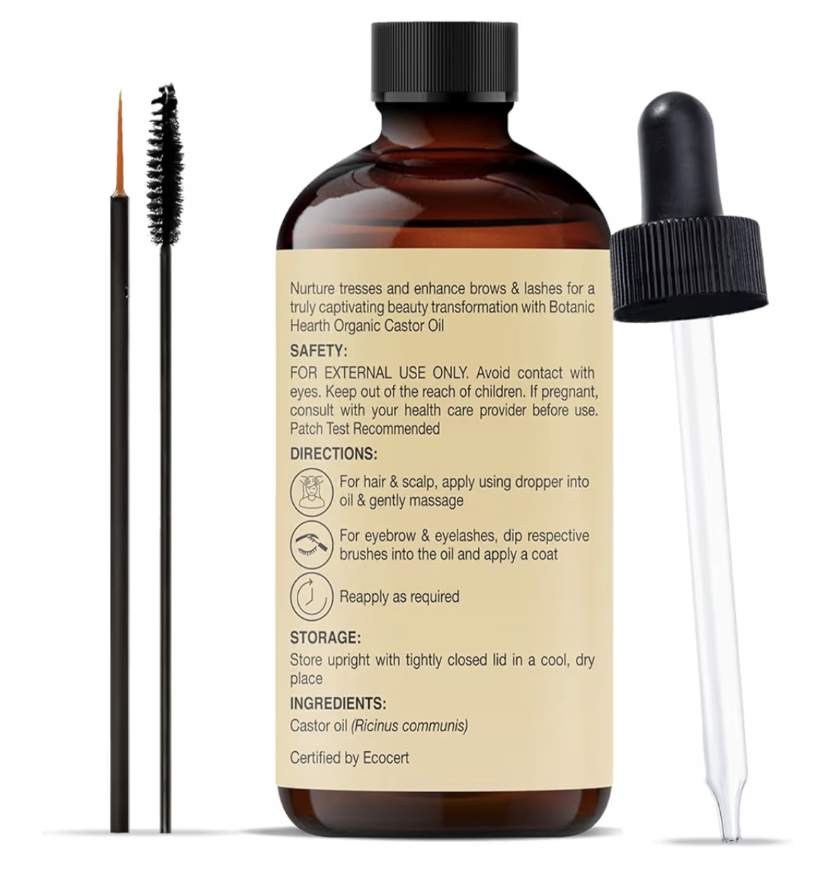 Botanic Hearth Castor Oil | USDA Certified Organic |100% Pure & Hexane Free | Cold Pressed | Growth for Eyelashes, Eyebrows, Hair | With Eyebrow & Eyelash Brush | 60 ML |