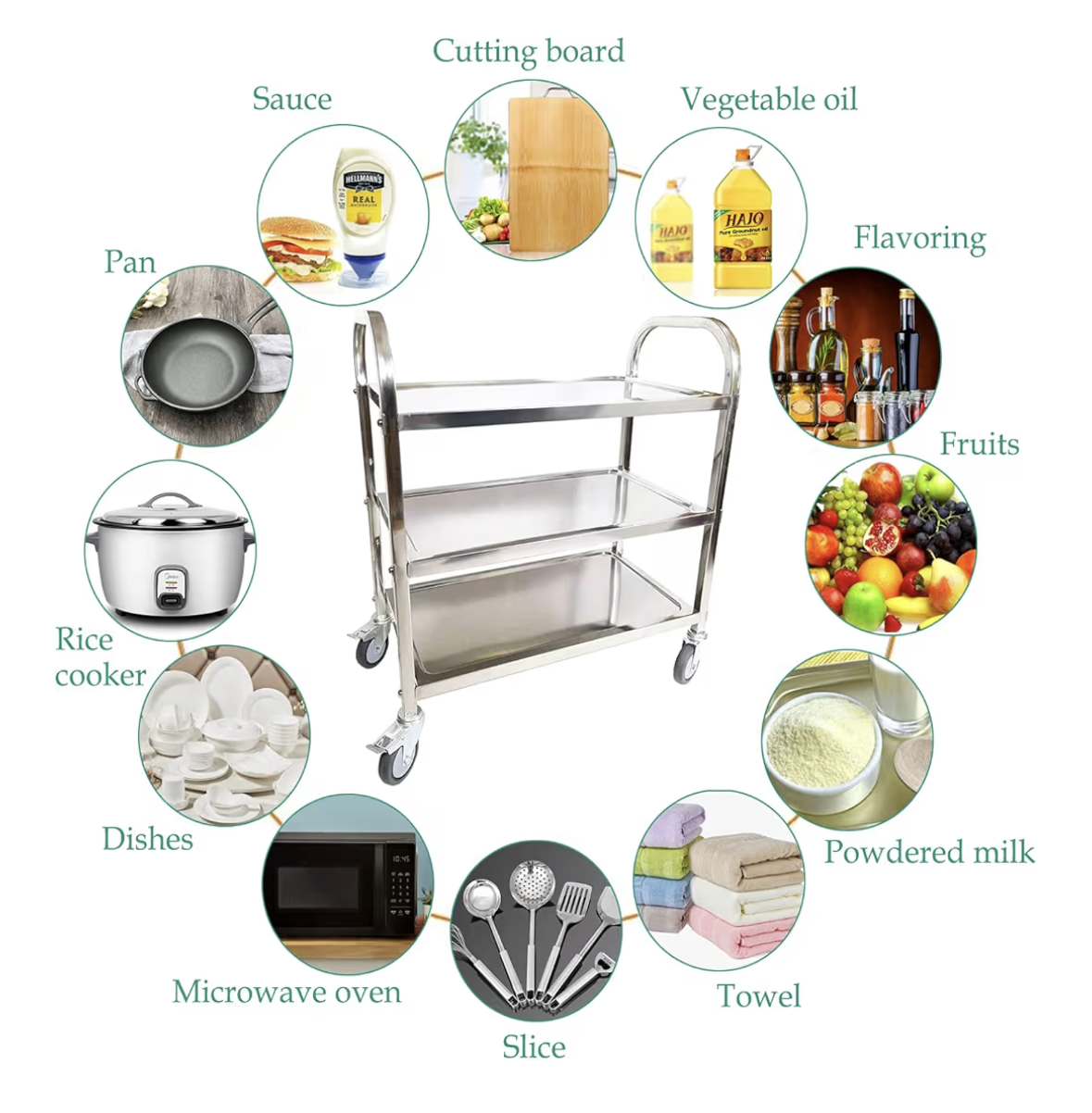 ITINA 3 Tier Stainless Steel Utility Cart with Locking Wheels L75x W40x H83.5cm 150kg Total Load Capacity Kitchen Island Trolley Catering Storage Cart for Kitchen Restaurant Hotel Cafe Home