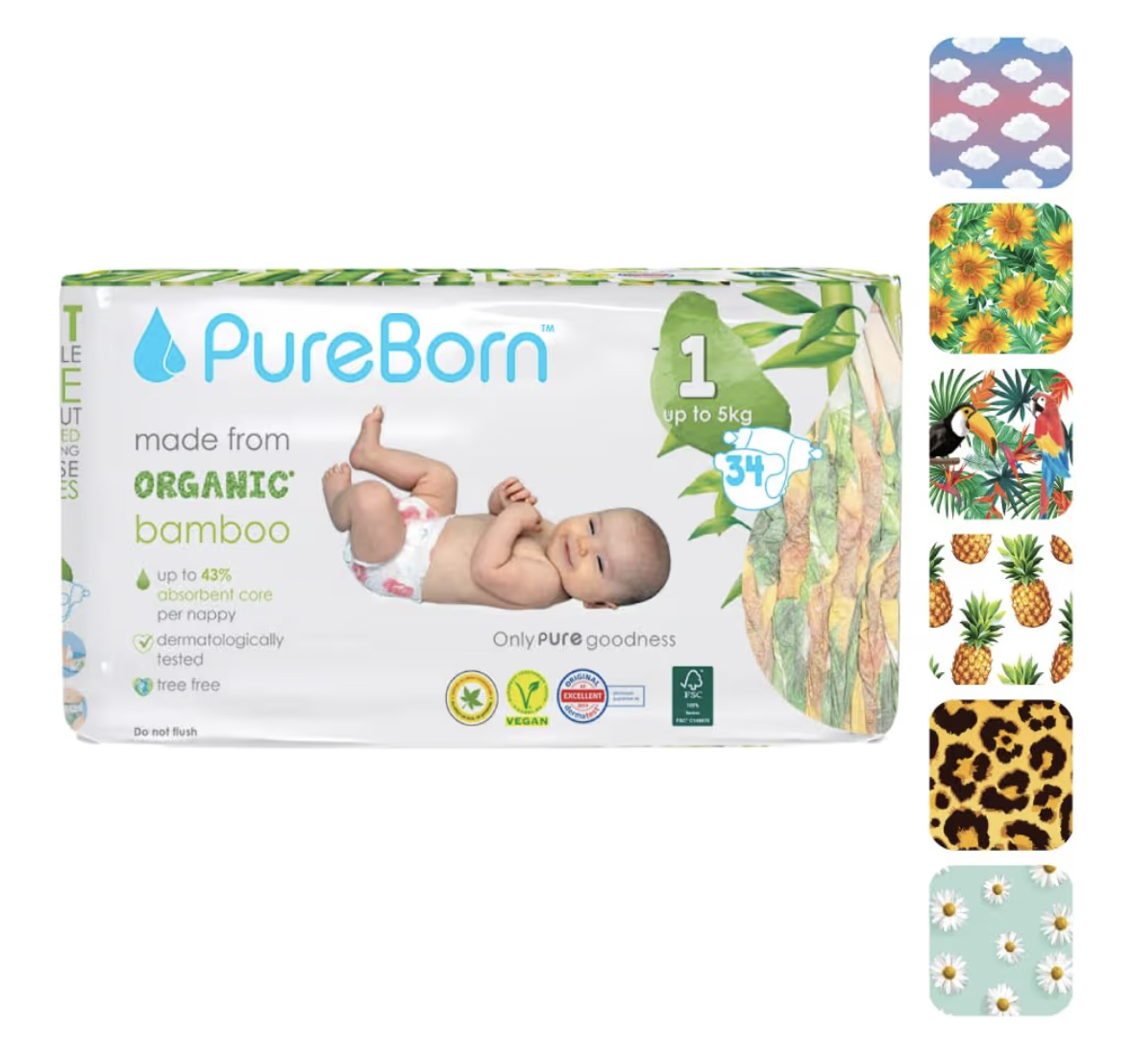 PureBorn Nappies Pure Organic Bamboo Nappies – Nappies Size 1 Hypoallergenic 34-Nappies Ultra Soft (Up To 5Kg) 100% Plant Based Eco Friendly Assorted Print