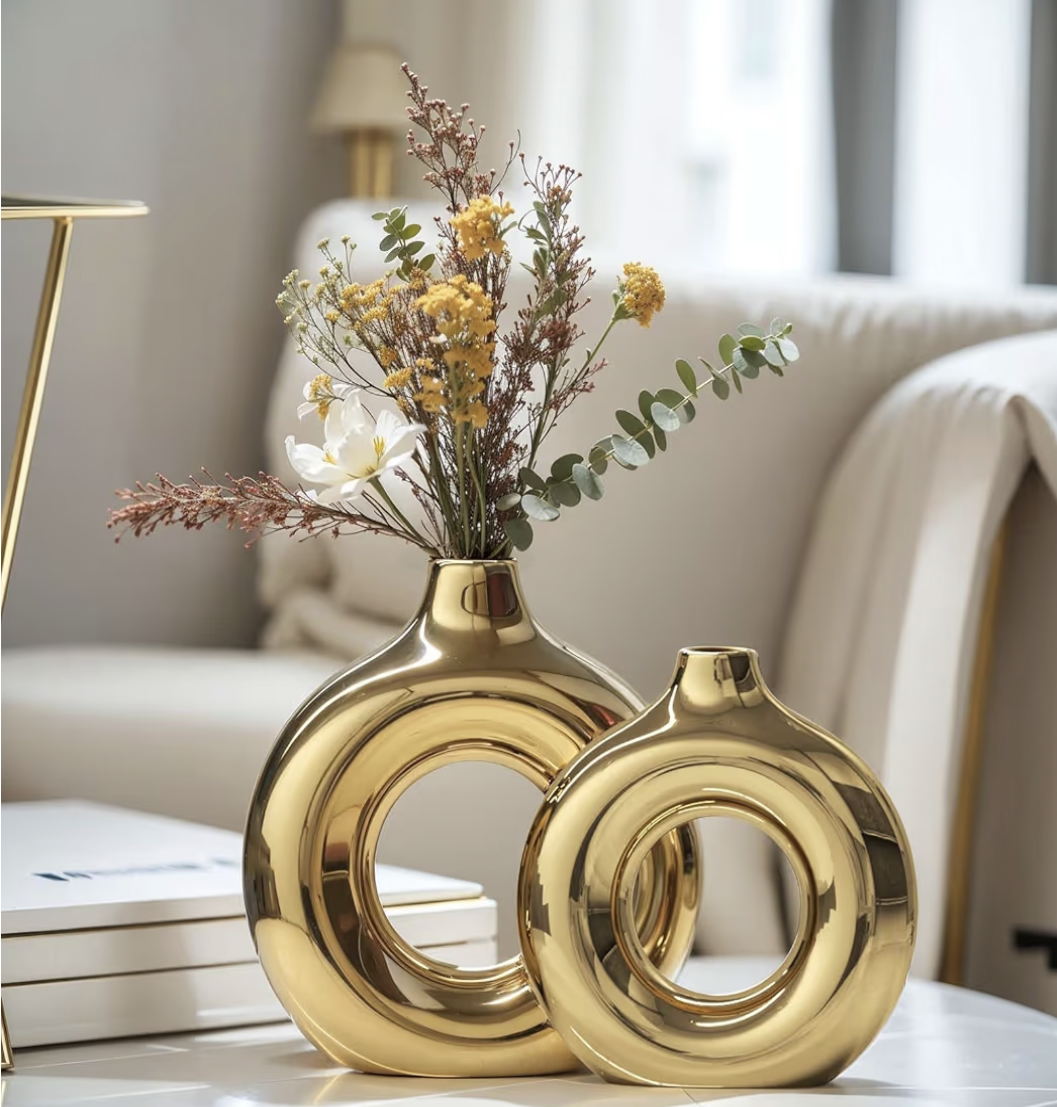 Azonee Gold Vase, Ceramic Vase Set of 2, Vases Home Decor, Round For Centerpieces, Living Room Decor Accents, Kitchen, Coffee Table