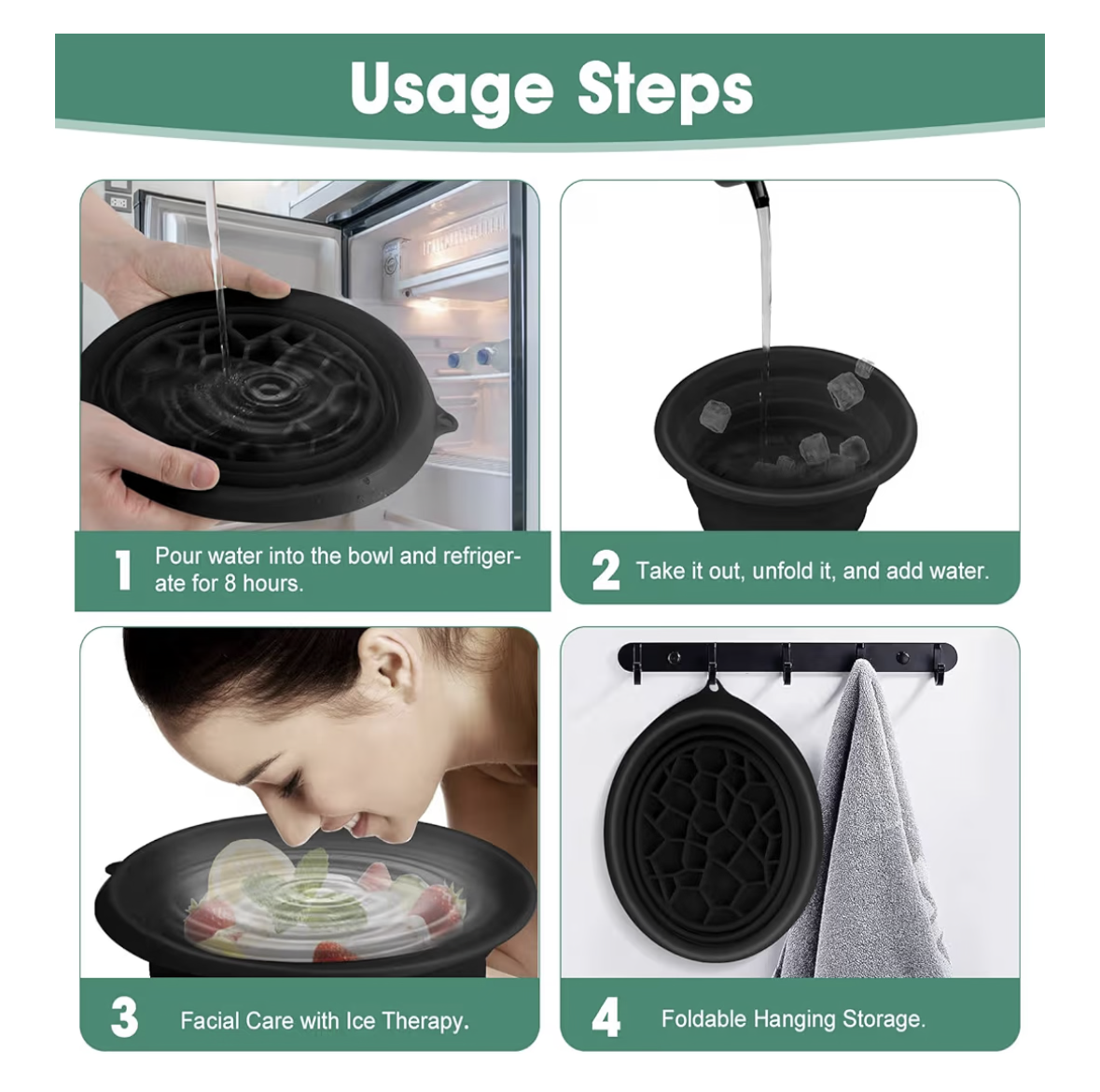 Face Bowl for Ice With Built-in Ice Tray Collapsible Silicone Facial Face Ice Bath Bowl Small Reusable Cold Plunge Basin is Portable,Perfect for Home Use,Camping,Travel Cold Bath Spa Tool & Black
