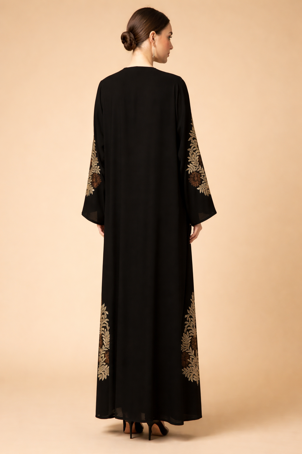 Elegant Black Floral Embroidered Abaya For Women's Button Closure V-neck Long Sleeve Muslim Abaya