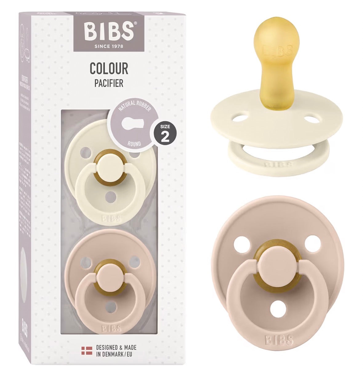 BIBS Colour Soother 2-Pack, BPA Free Dummy Pacifier, Round Natural Rubber Latex, Size 2 (6-18 Months), Ivory/Blush