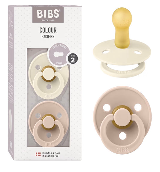 BIBS Colour Soother 2-Pack, BPA Free Dummy Pacifier, Round Natural Rubber Latex, Size 2 (6-18 Months), Ivory/Blush