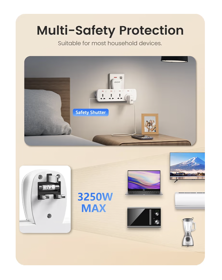 LENCENT Multi Plug Extension Socket, 4 Way Electrical Outlet Extender, Wall Charger, Universal Plug Adapter, Charging Station for Home, Office, Kitchen, Individually Switched