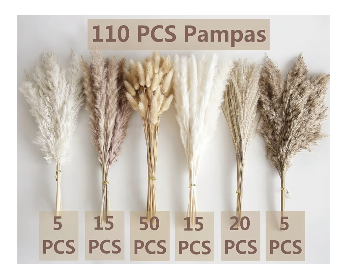 110 Pcs Dried Pampas Grass Bouquet, Bunny Tails & Pampas Grass, Brown & White, Boho Home Decor, Wedding & Party Decorations