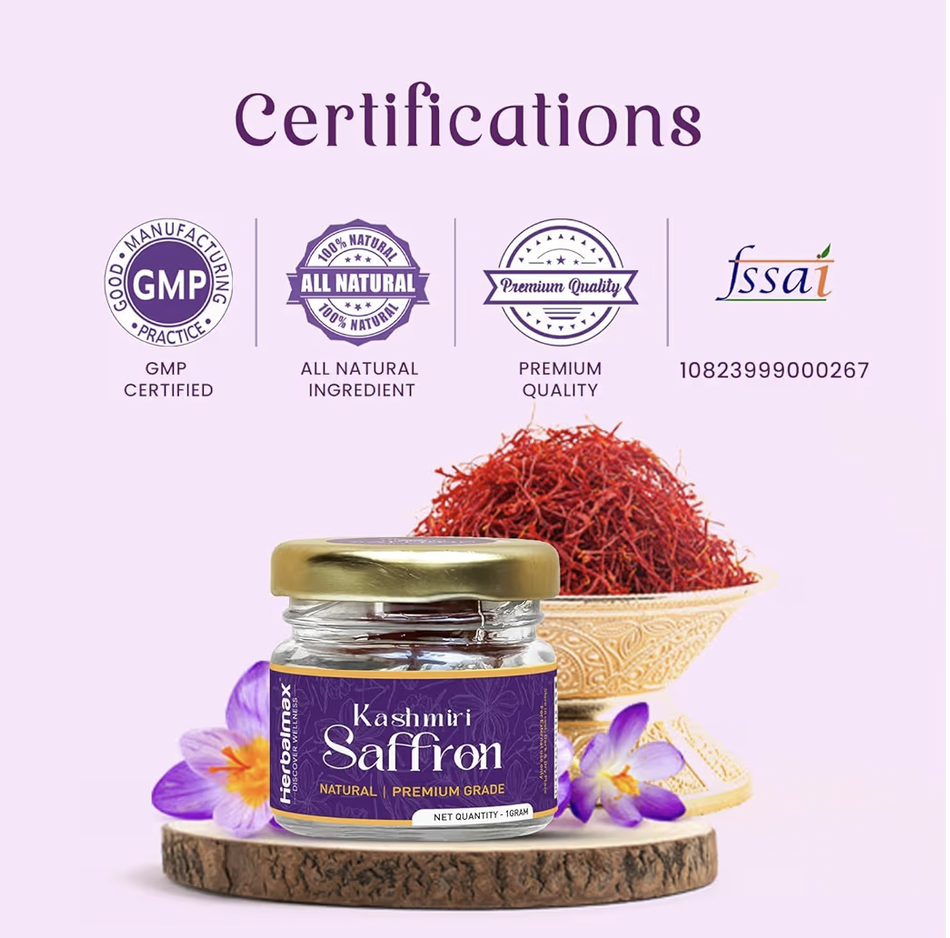 Herbal Max Original Kashmiri Kesar Saffron – 1gm | A+++ Grade Mongra Kesar | Pure & Natural Zafran Leaves | Ideal for Cooking, Sweets, Beverages & Personal Use