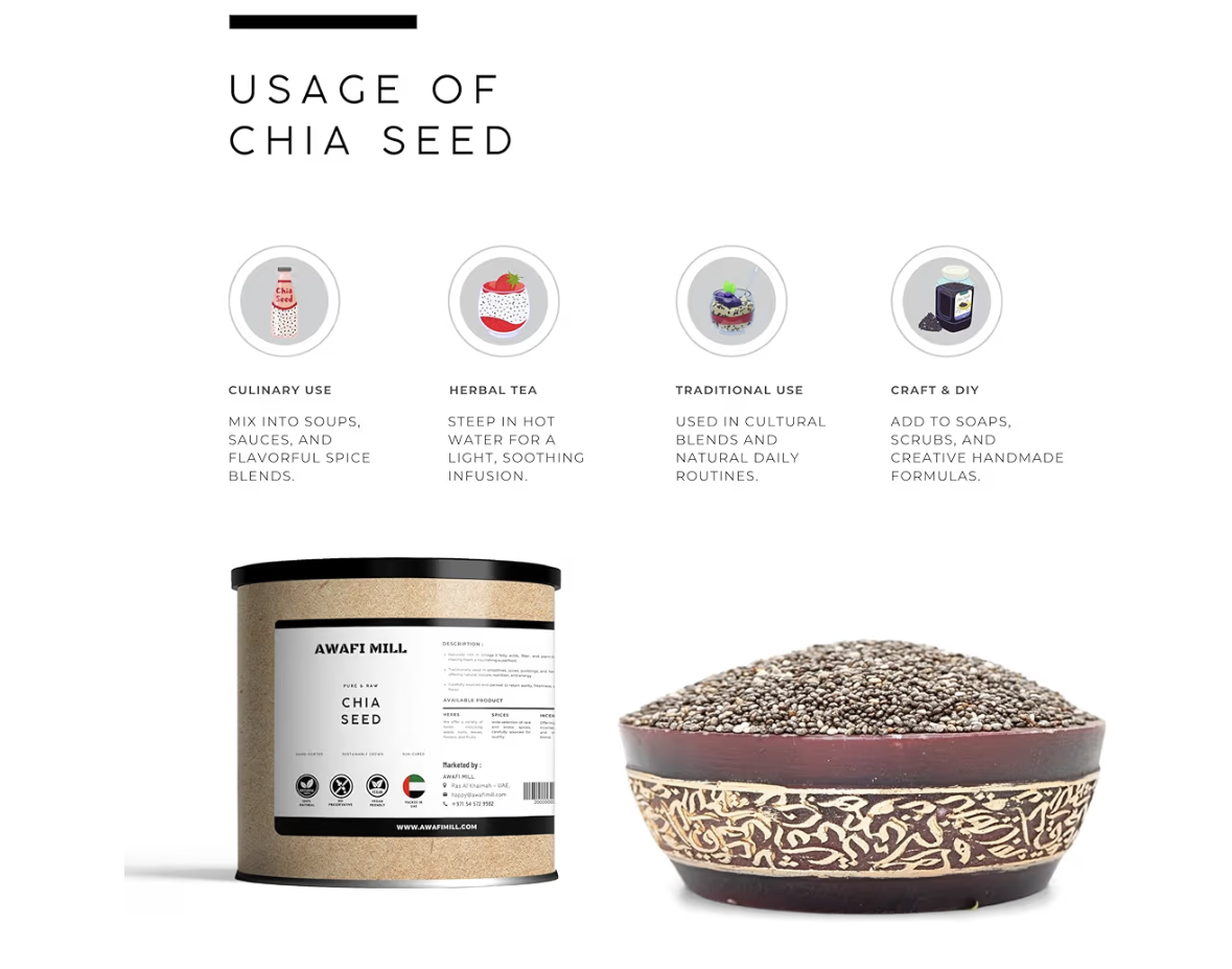 AWAFI MILL Chia Seeds | Naturally Cleaned Salvia Hispanica | Tiny, Crunchy Superfood Seeds for Culinary & Beverage Use - 500 g | 17.6 Oz