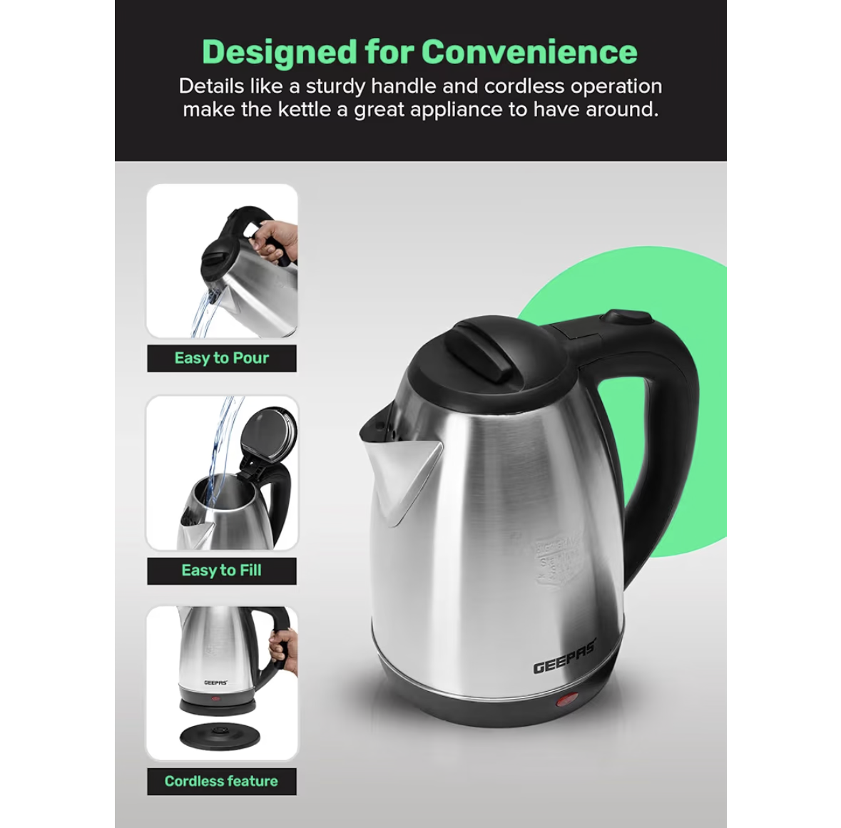 Electric Tea Kettle 1.8 L, Auto Shut Off And Boil Dry Protection, Safety Lock Lid, 360 Degree Rotational Base, Stainless Steel, Ergonomic Handle, Perfect Pour, Large Capacity 1.8 L 1500 W GK5454B