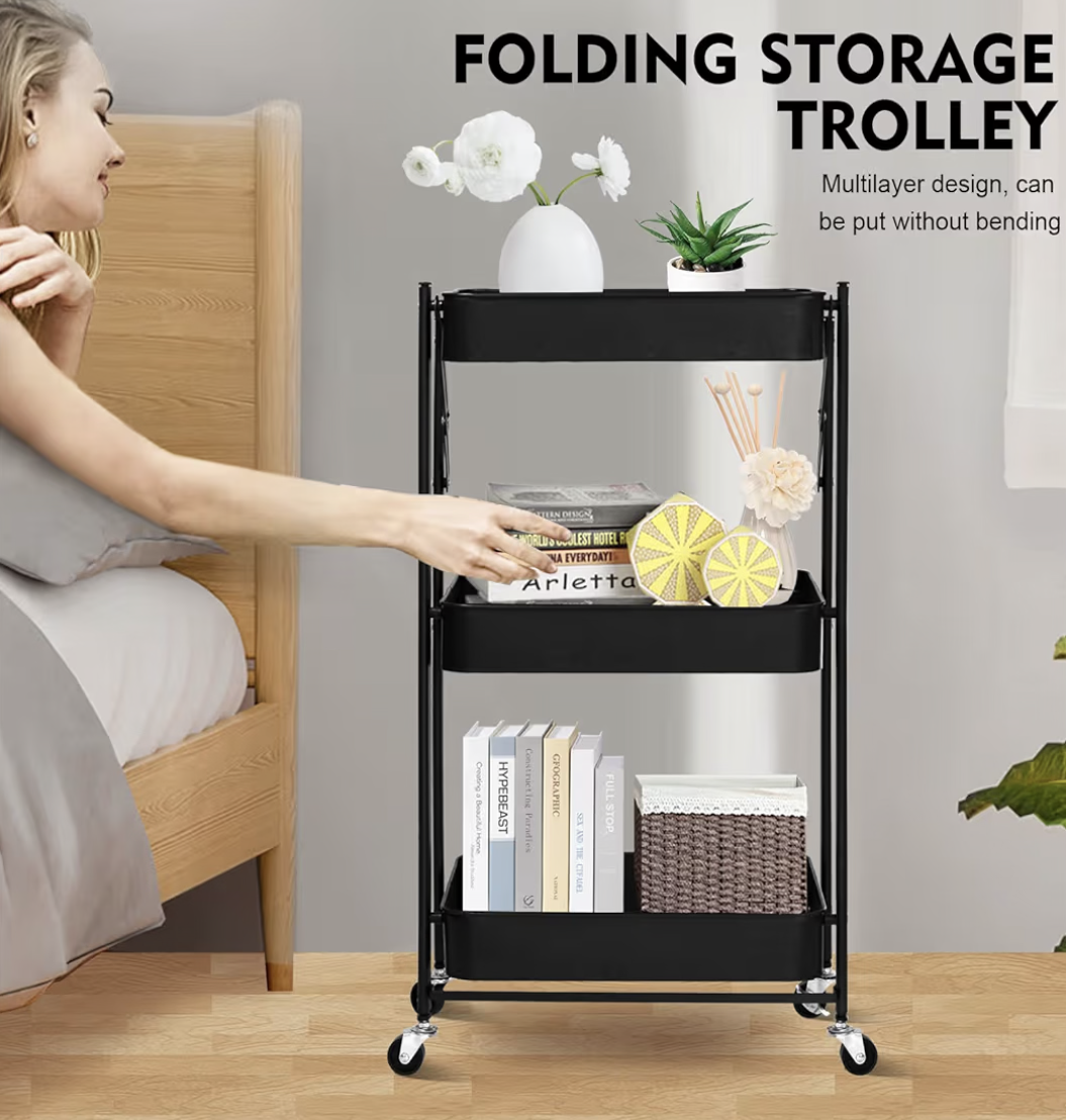 SKY-TOUCH 3 Tier trolley organizer,Foldable Metal Rolling Utility Cart Organizer, Multipurpose Organizer Trolley with Casters for Kitchen, Bedroom, Bathroom, Office, Laundry Room and Garage Black