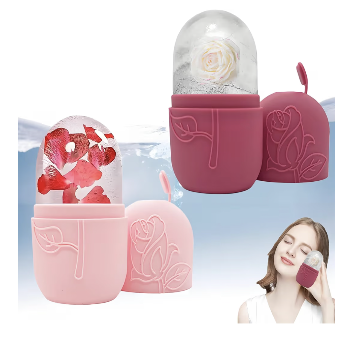 2PCS Ice Cube Roller Massager for Face, Eyes & Neck, Skin Care Tool, De-Puffing Eye Bags, Migraine Relief, Reusable Ice Mold for Face Massage (Rose Red & Pink)