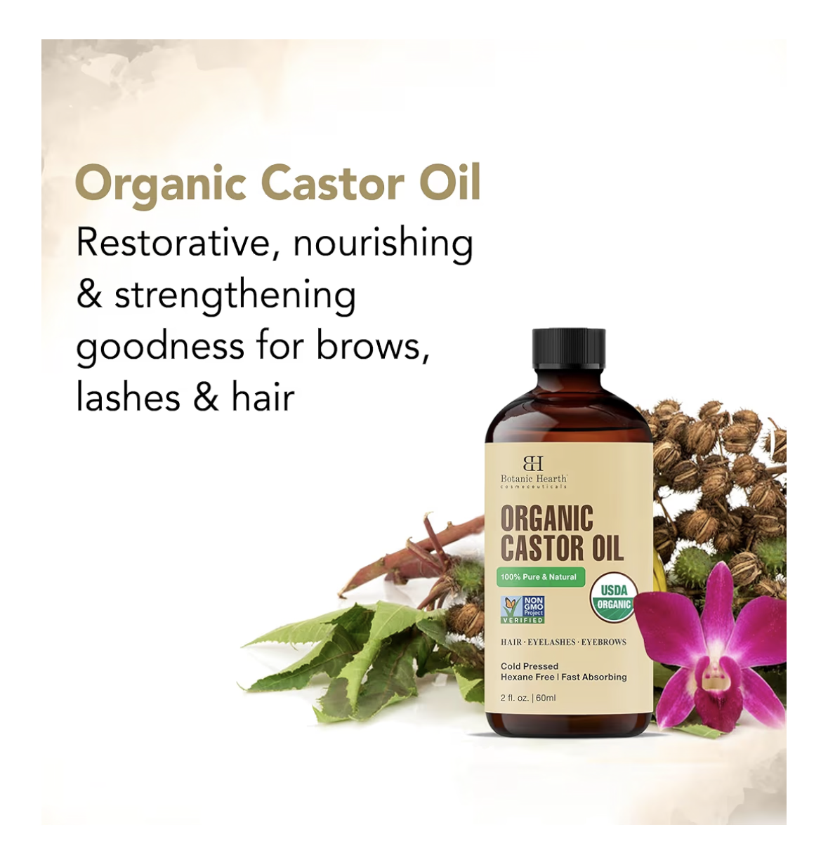 Botanic Hearth Castor Oil | USDA Certified Organic |100% Pure & Hexane Free | Cold Pressed | Growth for Eyelashes, Eyebrows, Hair | With Eyebrow & Eyelash Brush | 60 ML |