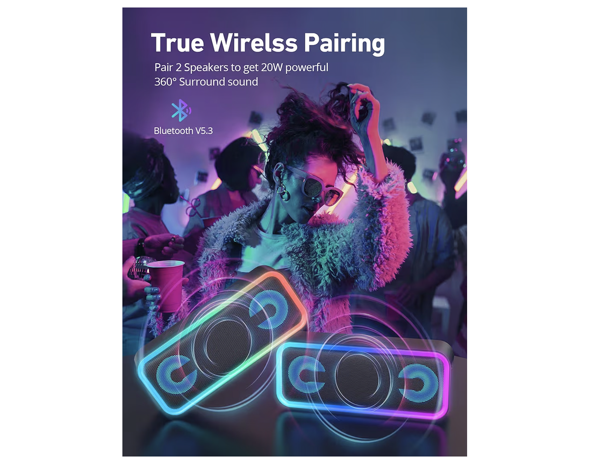 Portable Bluetooth Speaker, 20W Deep Bass Wireless Speaker with RGB Lights, IPX5 Waterproof, 18H Playtime, Bluetooth 5.3, TWS Pairing, Hi-Fi Stereo Sound for Outdoor, Travel, Beach & Party