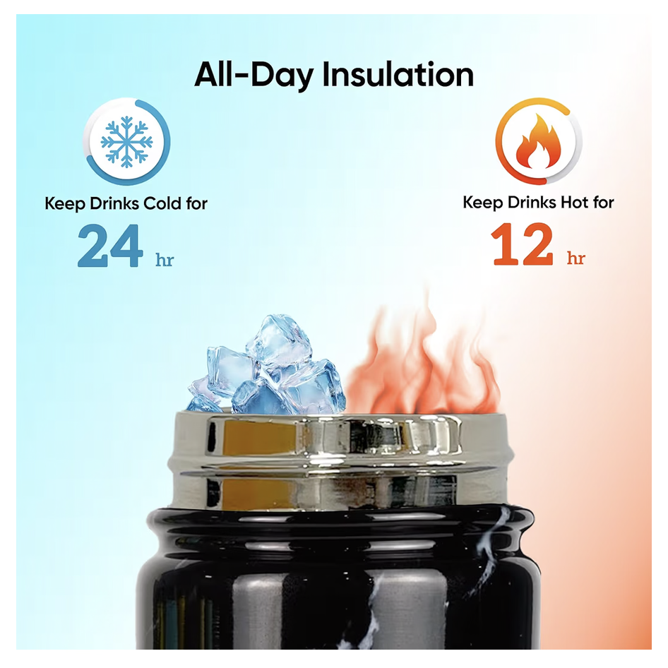 SOLARA Insulated Water Bottle 650ml, Thermosteel for Hot and Cold Drinks, Travel, Home, Office, School, Gym, Adults, Sipper Bottle, Black Marble