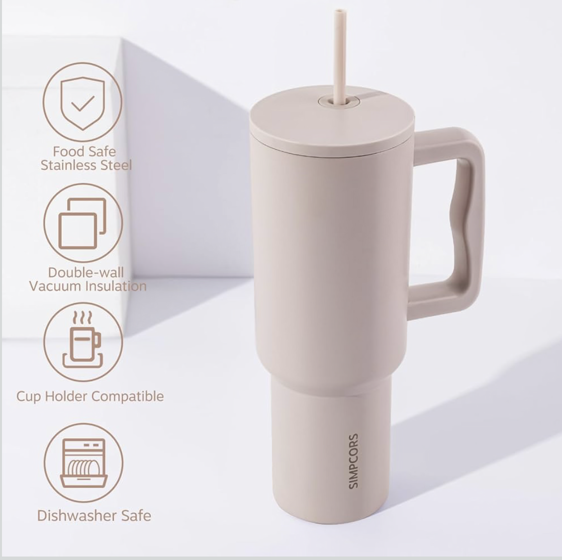1.2L Tumbler with Straw and Handle, Insulated Cup Reusable SS Water Bottle, Cold/Hot Travel Mug with Leak Resistant Lid for Home Office Camping (Almond Birch)